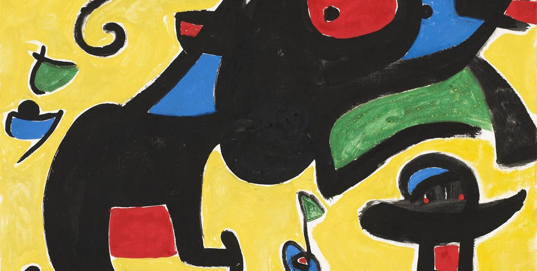 Joan Miró. Personajes y pájaros con un perro, 1978 Acrílico y óleo sobre tela | Fundació Joan ...
