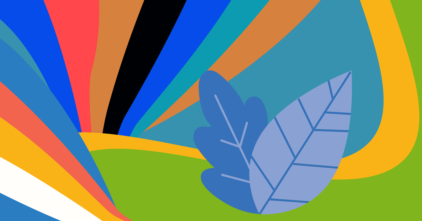 Una ilustración con dos hojas de plantas diferentes, rodeadas por franjas de muchos colores
