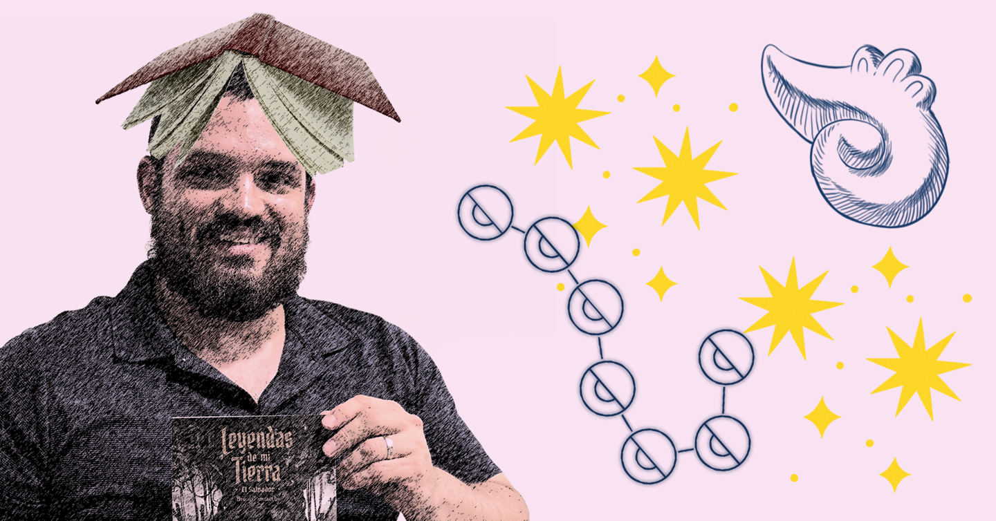 Una fotografía del escritor Bruno Panzacchi en plano medio, con un libro en la cabeza y rodeado por una caracola dibujada, estrellas y otros símbolos