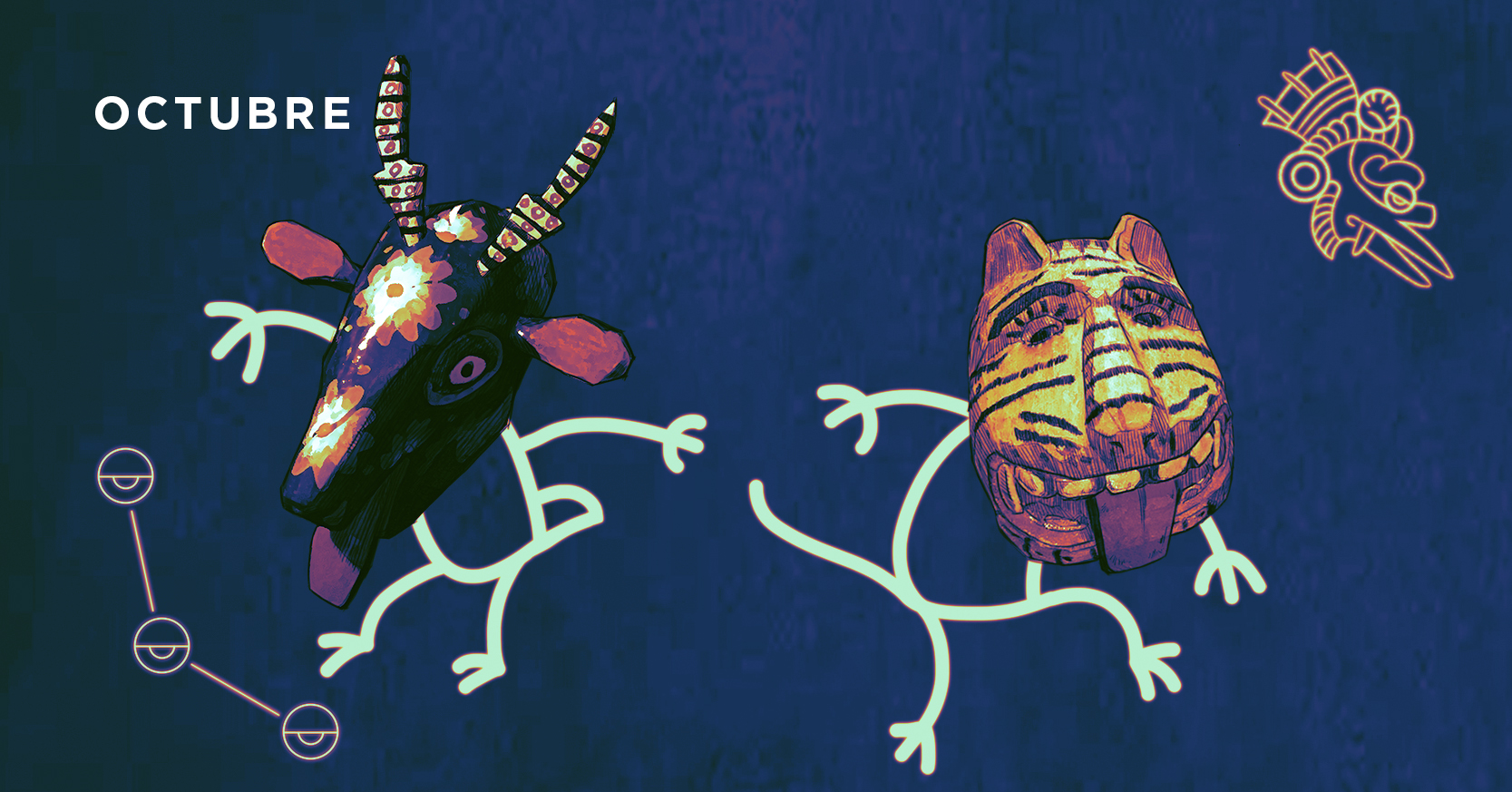 Dos máscaras tradicionales salvadoreñas de un tigre y un venado con otros símbolos mayas y la palabra octubre
