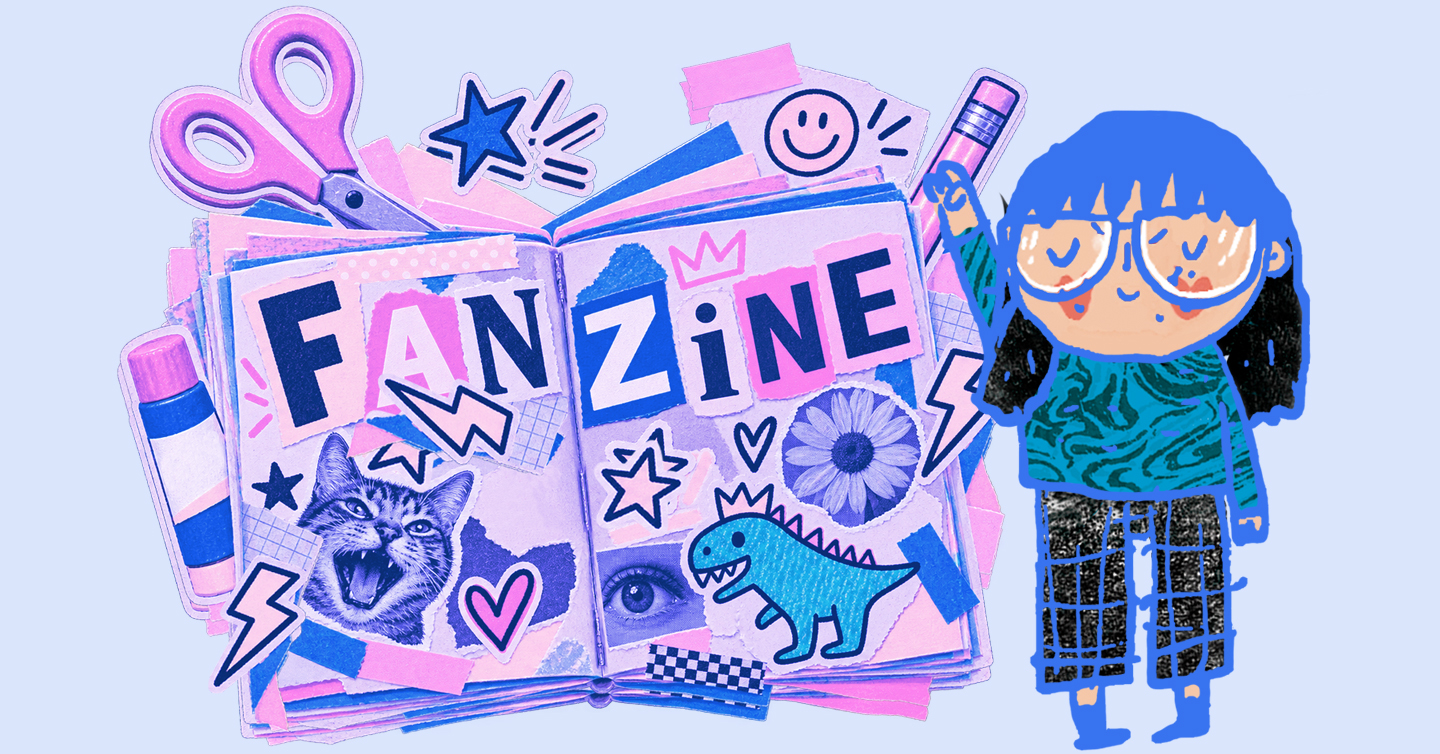 Una ilustración con una libreta abierta con la palabra fanzine en letras recortadas y otras imágenes y dibujos, rodeada por una niña y elementos ...