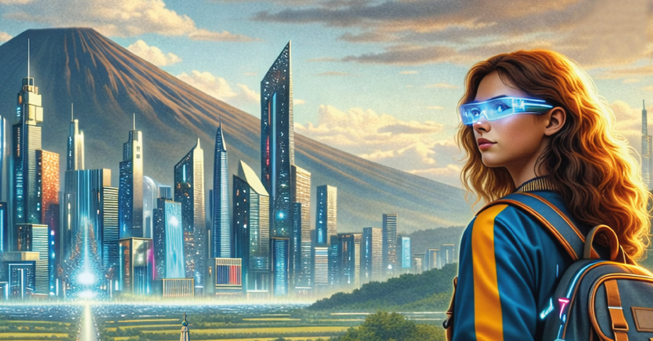 Una ilustración con una ciudad futurista ante un volcán y, en primer plano, una joven adolescente. 