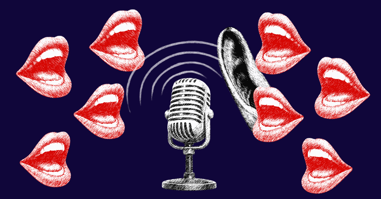 Un micrófono de radio en el centro de la imagen, rodeado por unas ondas, una oreja y ocho bocas hablando