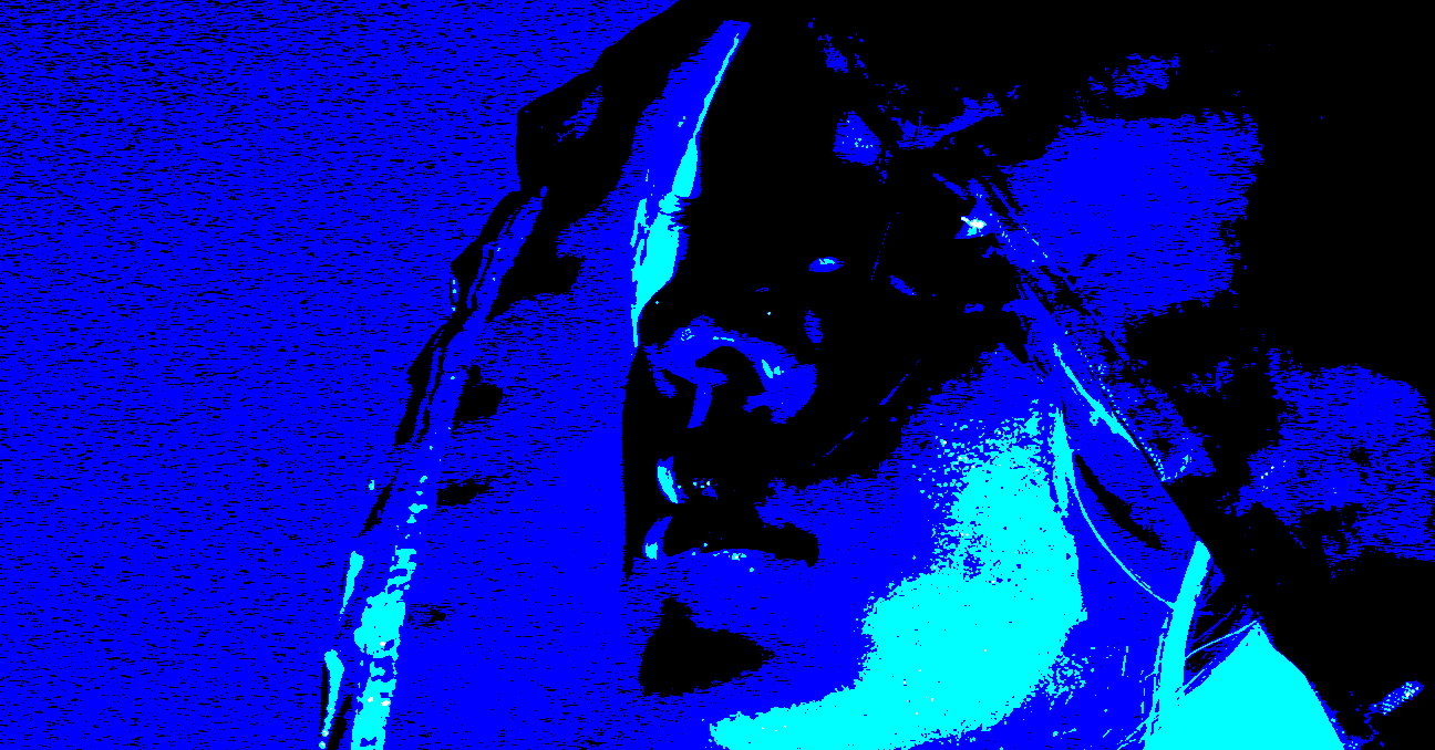 Un rostro en primer plano convertido en texturas en negro y varios tonos de azul