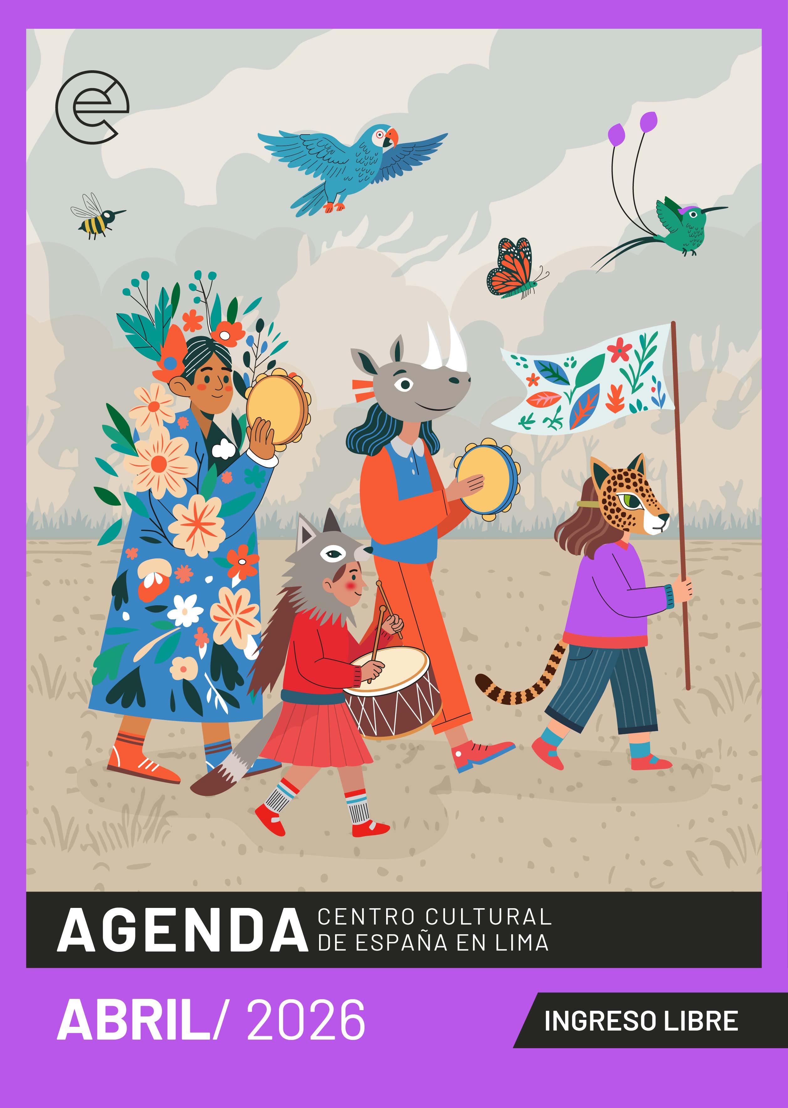 Ilustración de varios un grupo de personas de distintas edades en un pasacalle, quienes llevan máscaras de animales, instrumentos musicales y una ...