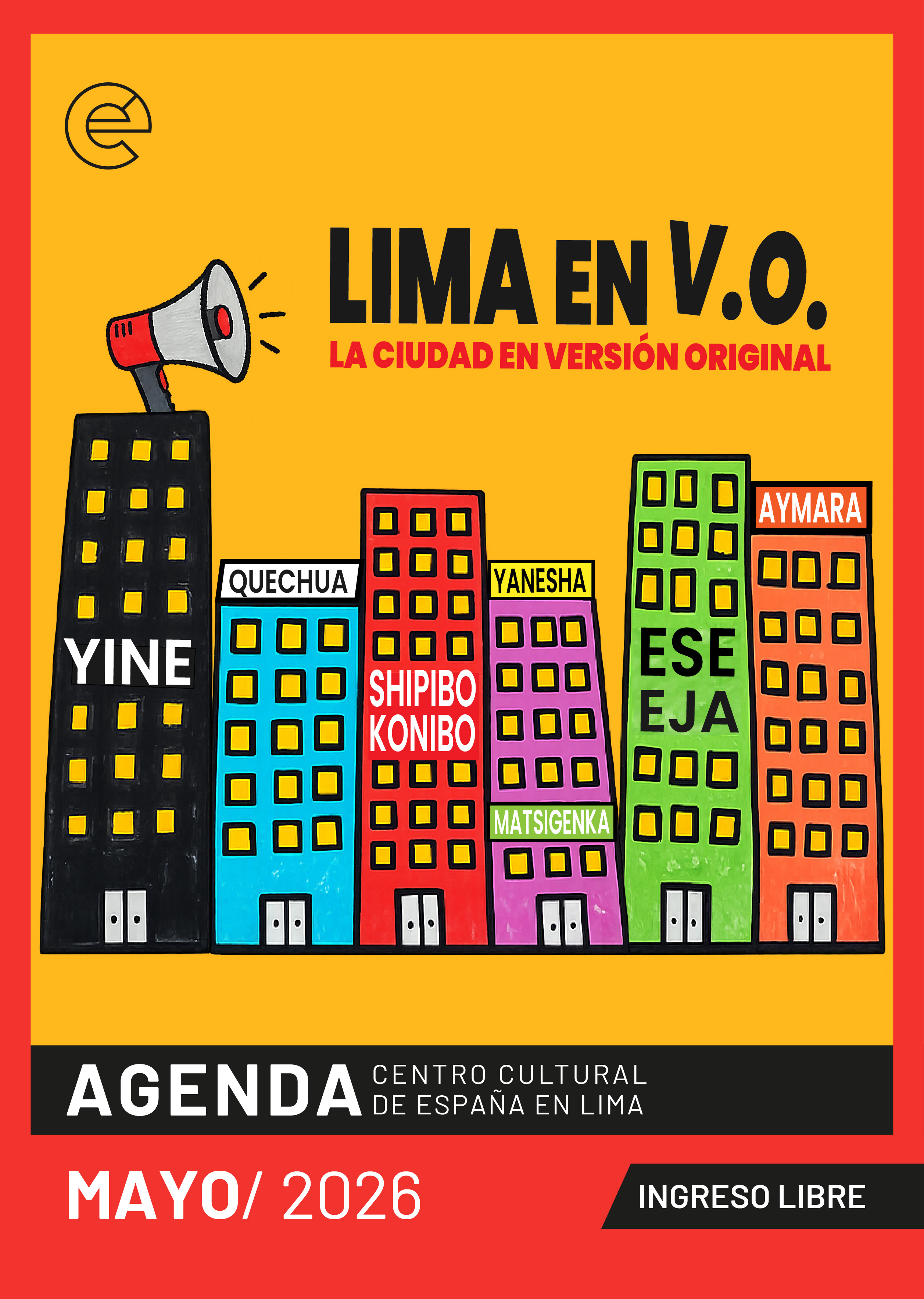 Dibujo multicolor que representa con diferentes edificios a la ciudad de Lima. Encima de cada edificio hay escritos los nombres de lenguas ...
