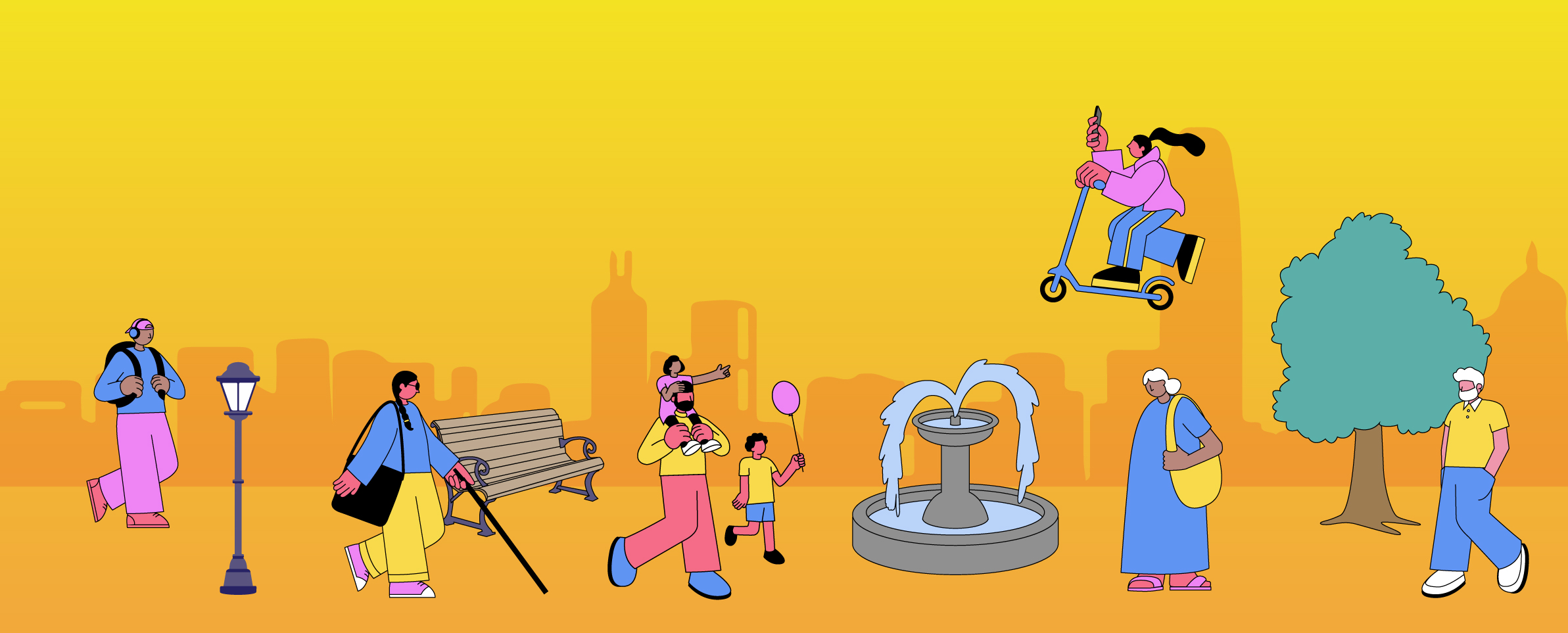 La imagen es un dibujo que muestra un fondo amarillo sobre el que aparecen las siluetas de edificios y casas. Delante se ve un parque con farol, un banco, una fuente y un árbol.  En el parque, una niña vuela sobre una patineta, un niño ondea un globo, otra joven ciega camina con su bastón, un joven lleva audífonos y una mochila a la espalda, un señor lleva a un niño sobre sus hombros, una señora observa la fuente y un hombre pasea llevando puesta una mascarilla.