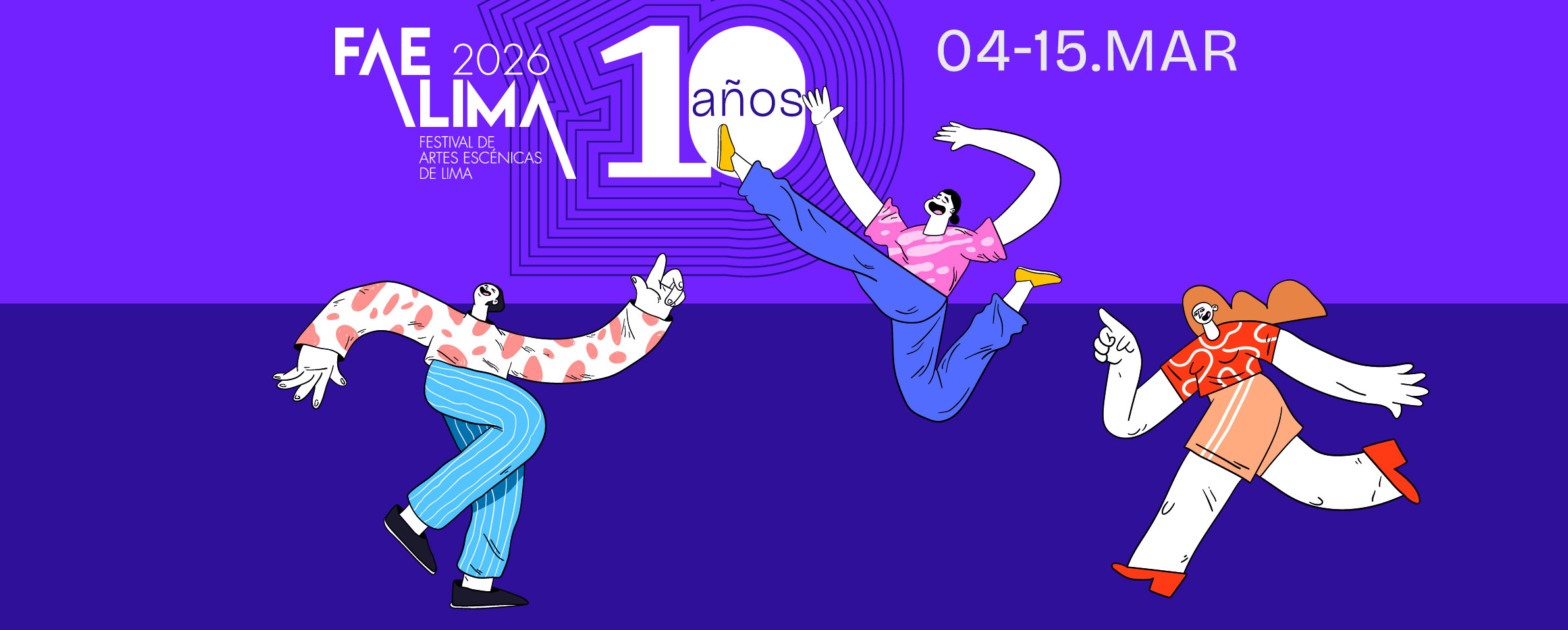 Sobre un fondo morado se ven un chico y tres chicas que saltan y corren con gestos de celebración. Se lee FAE LIMA 2026 Festival de Artes ...