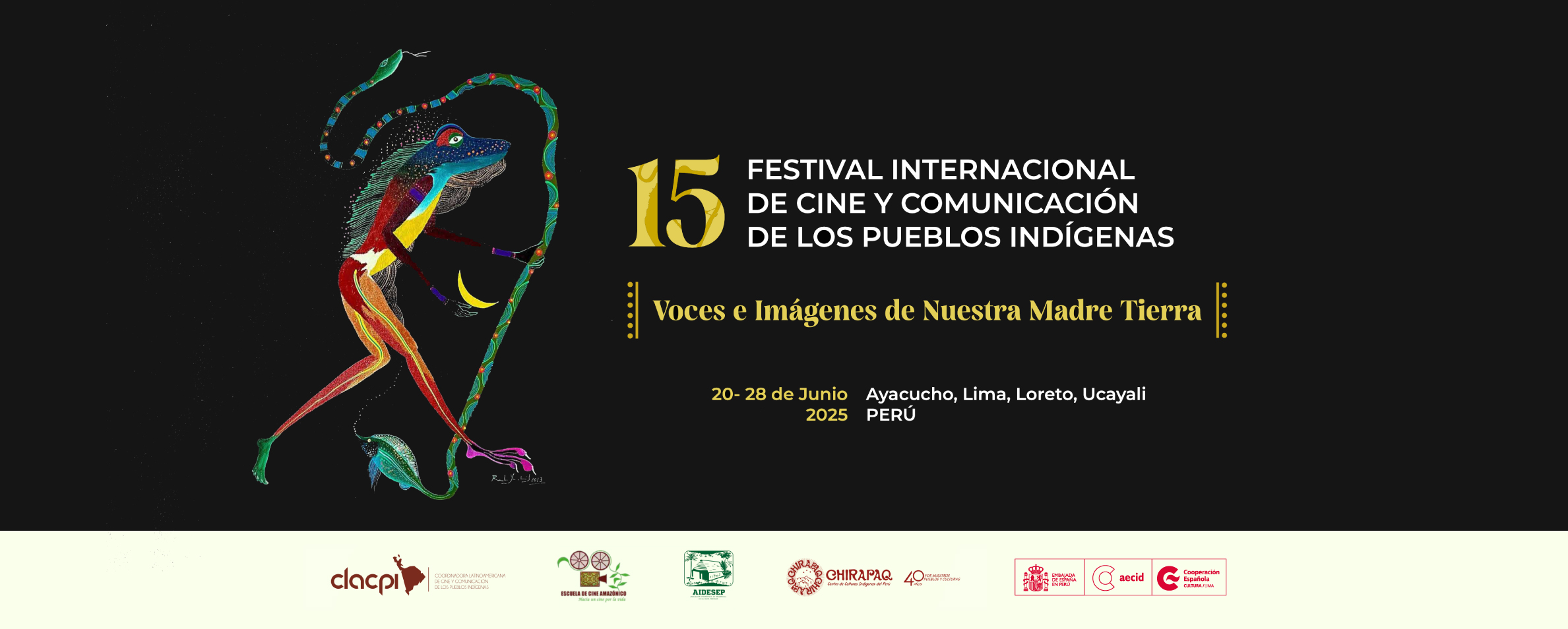 Dibujo de un camaleón fantástico de muchos colores que sostiene una serpiente. Al costado derecho se lee 15 FESTIVAL INTERNACIONAL DE CINE Y ...