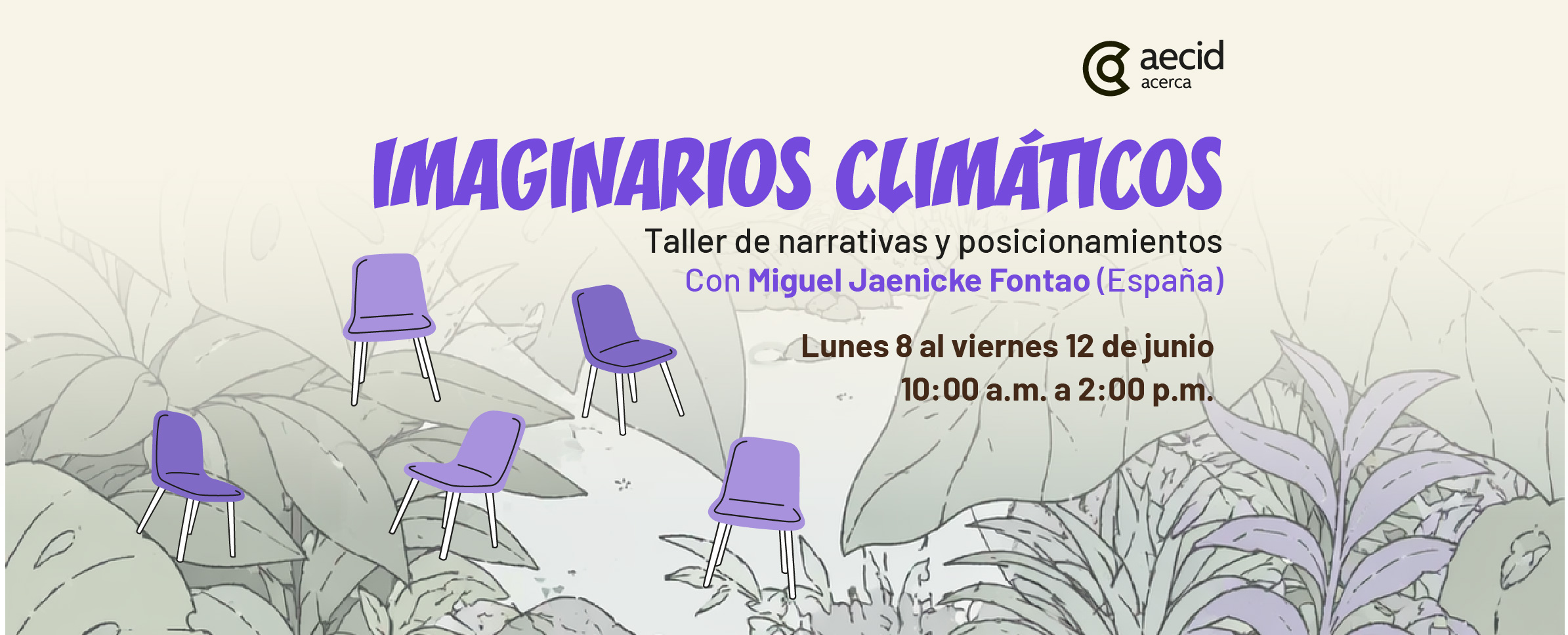 Dibujo que muestra en blanco y negro una agrupación de plantas sobre las que hay esparcidas varias sillas en color morado claro. En la parte ...