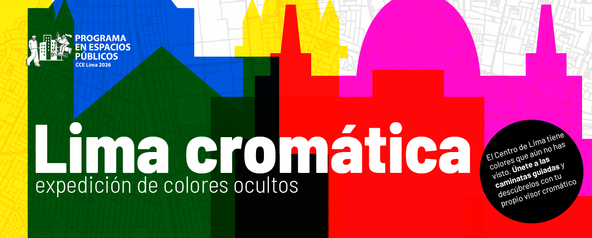 Dibujo muy colorido que representa siluetas de diferentes edificaciones del centro histórico de Lima. En la parte central se lee LIMA CROMÁTICA, ...
