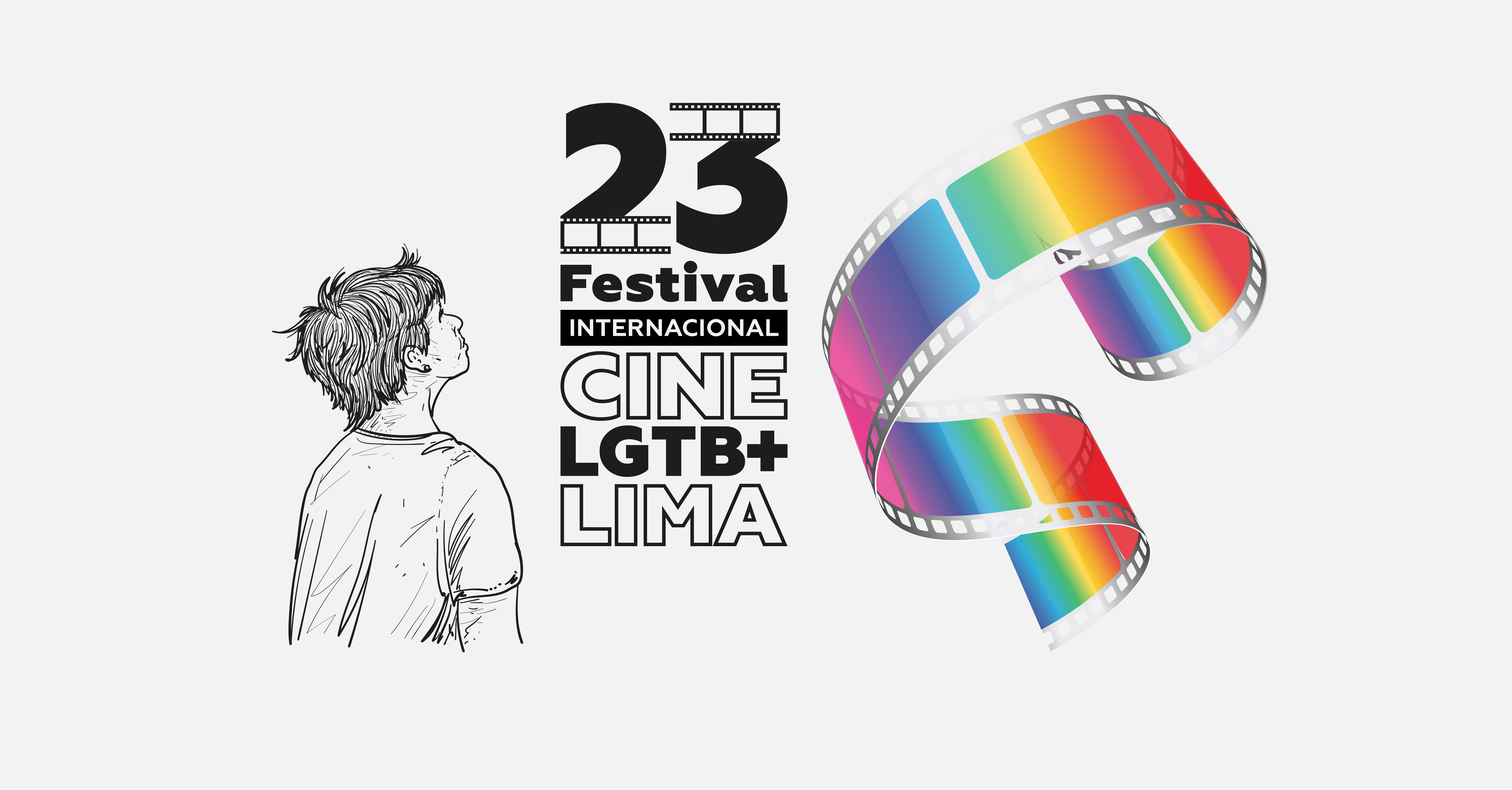 Dibujo en blanco y nego de un joven que observa un letrero en el que se lee 23 FESTIVAL INTERNACIONAL DE CINE LGBT+ LIMA. Al lado derecho del ...
