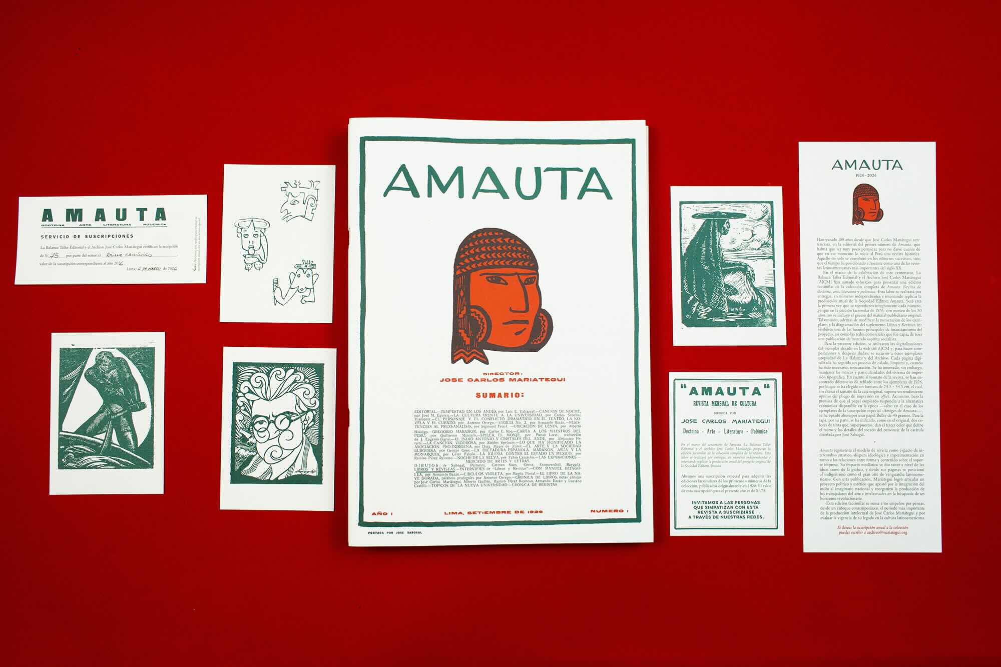 Imagen que muestra sobre un fondo rojo, en el centro, una portada de la revista Amauta y a cada lado de esta, varias ilustraciones y fotos de artículos de la publicación.