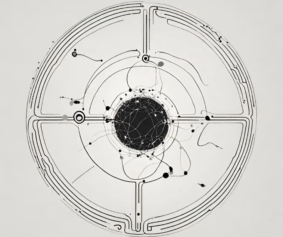 Ilustración que muestra un círculo parecido a un corto cerebral en el que el centro, que es un redondel oscuro) aparece surcado por muchos hilos que a la vez se conectan con otro en la parte de afuera de ese núcleo central.