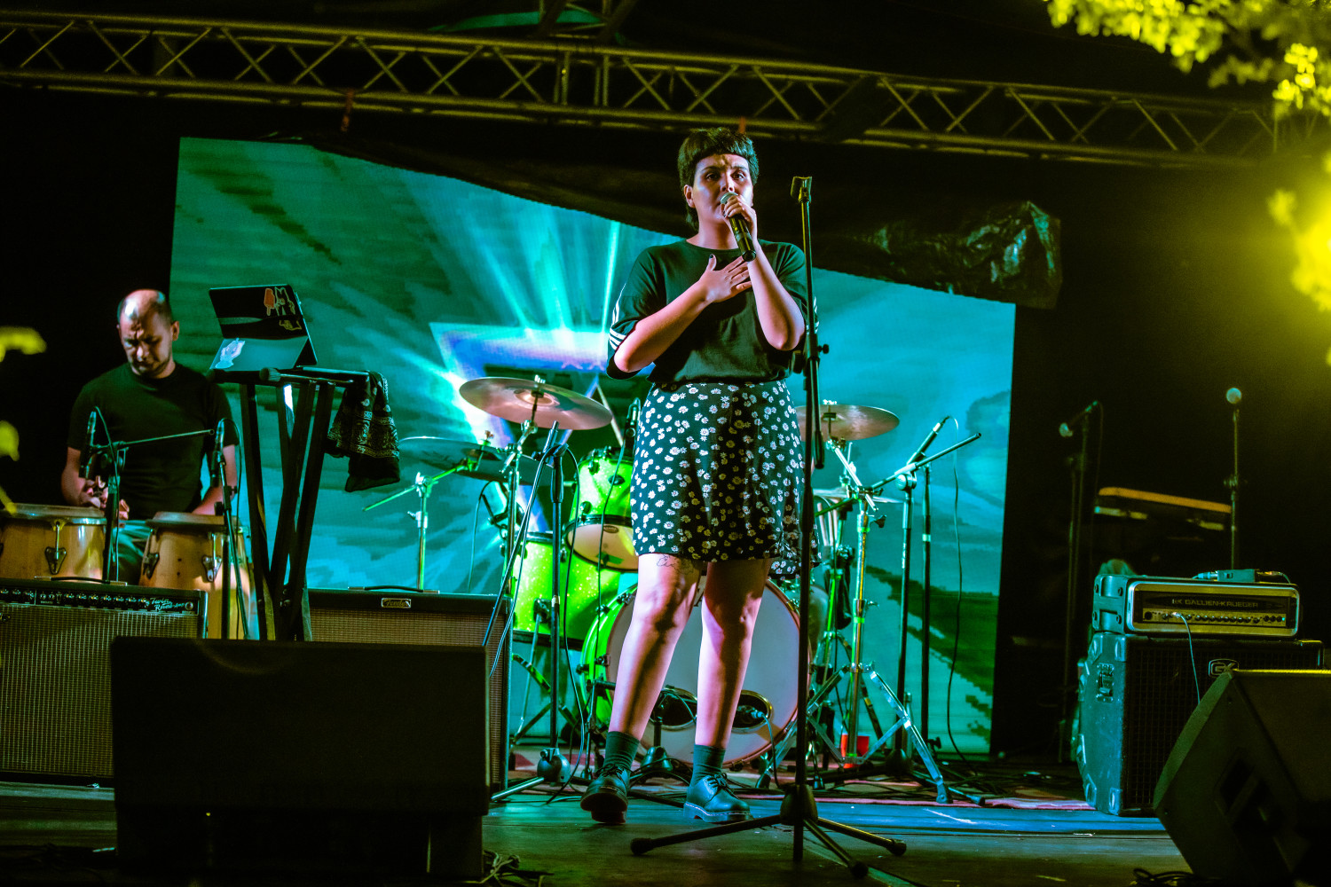 Mujer cantando sobre el escenario