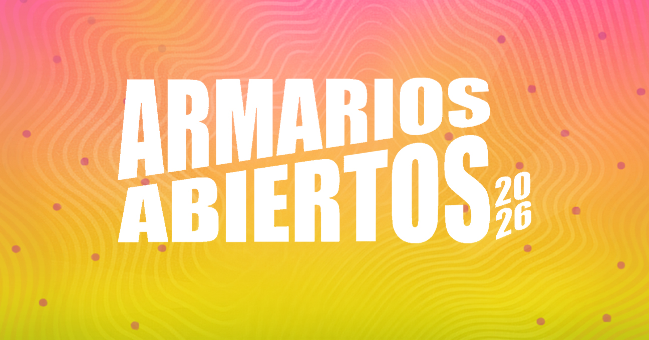 Fondo fluorescente de magenta a amarillo y la marca escrita Armarios Abiertos 2026.