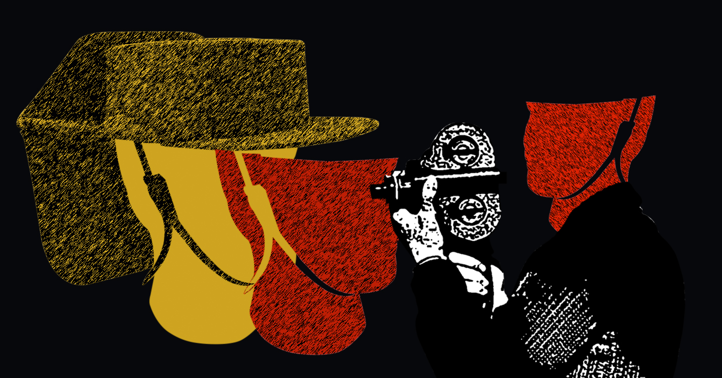 Una ilustración que mezcla motivos españoles, como sombreros andaluces, y una figura con una cámara de cine