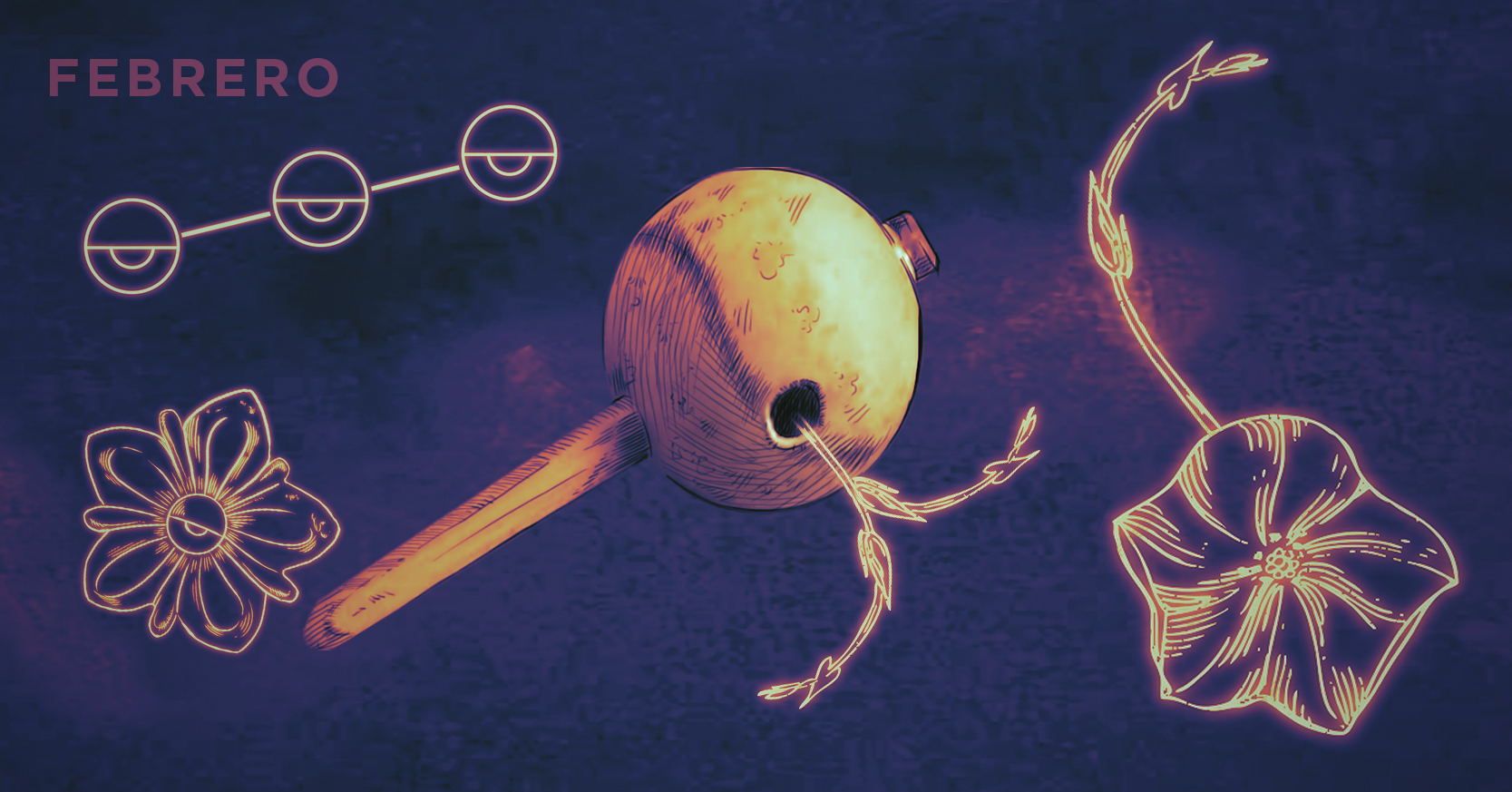 Ilustración de Gonzalo Vásquez para la imagen del Centro Cultural de España en El Salvador en 2026 con un fondo azul-morado, flores y una maraca de morro.