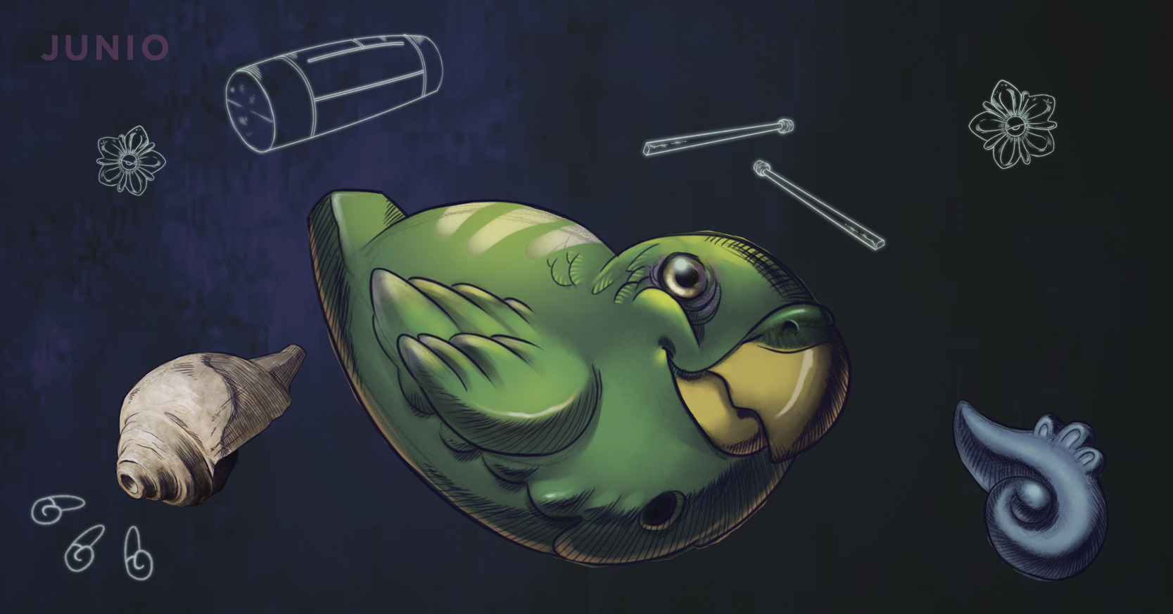 Una ilustración de un perico rodeado de conchas, flores, un tambor y dos baquetas