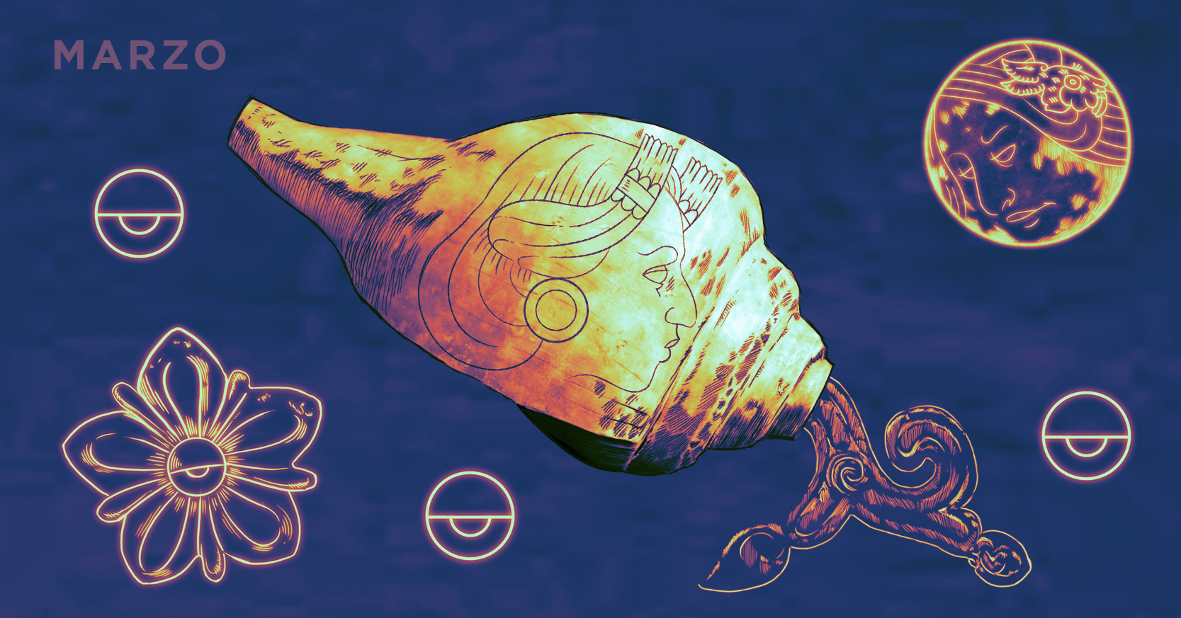 La ilustración muestra una caracola con un rostro de mujer, rodeada por otros elementos florales y la palabra marzo