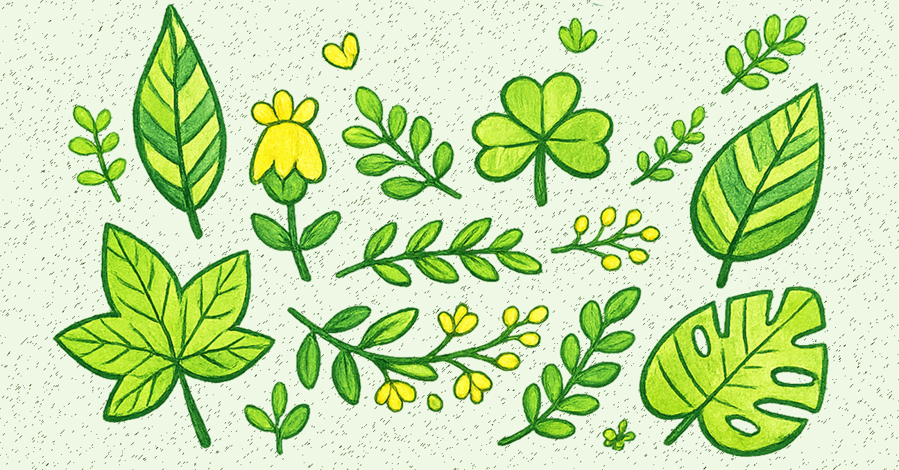 Una ilustración con diferentes hojas y motivos florales en tonos verdes y amarillos