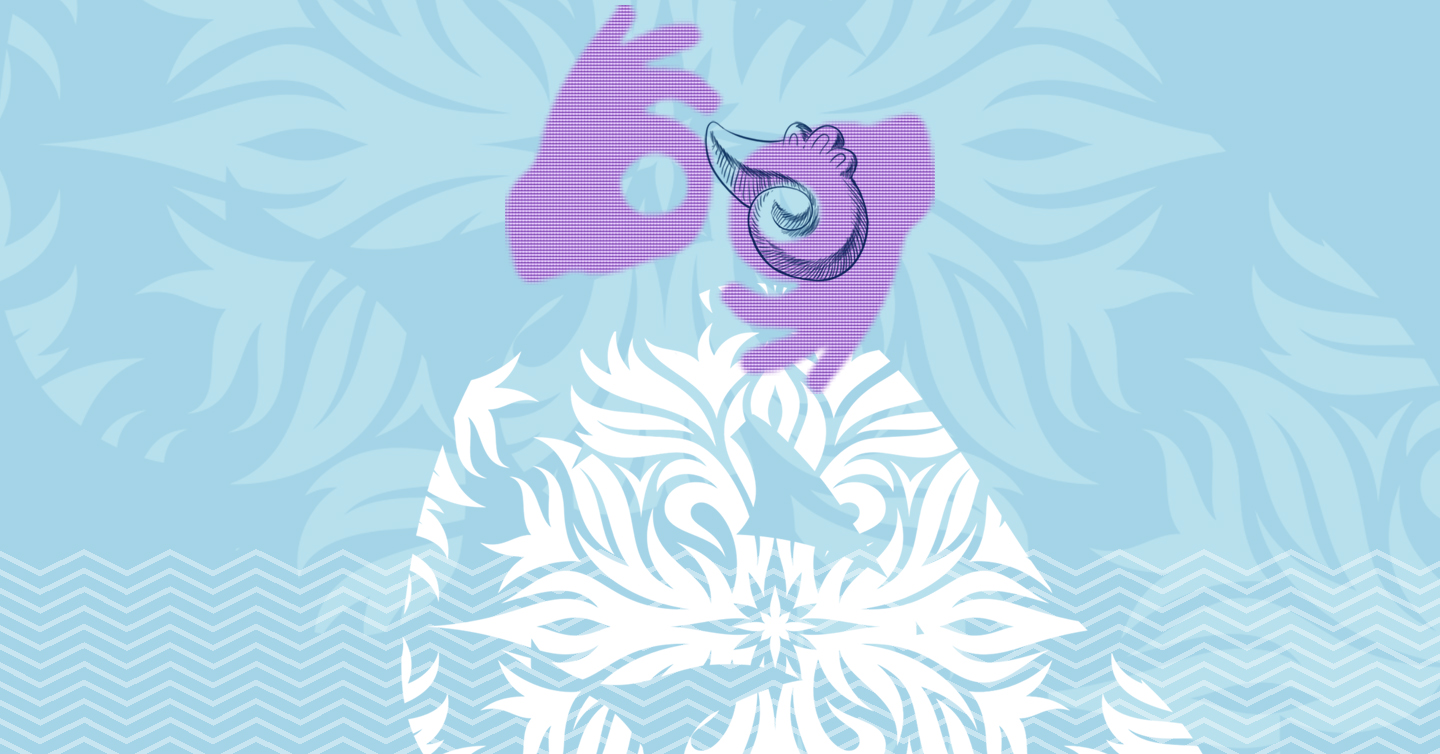 Una ilustración con el símbolo de interpretación en lengua de señas (dos manos estilizadas en movimiento) sobre un fondo de elementos naturales