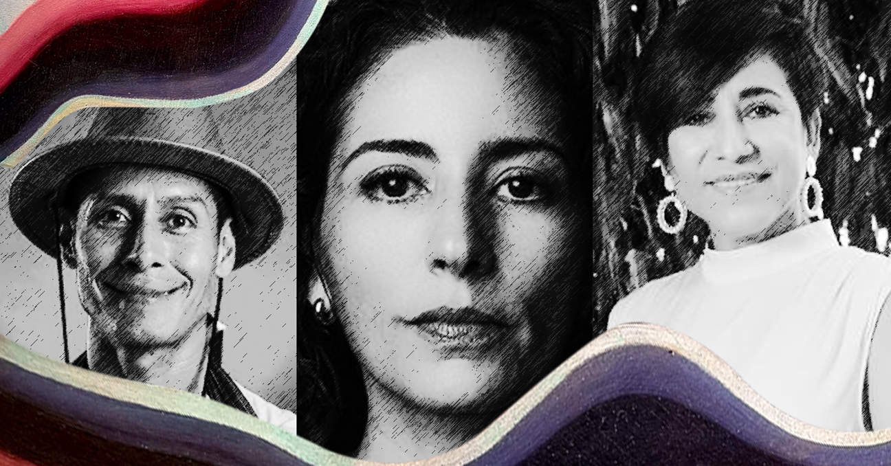 Tres fotografías en primer plano de los artistas escénicos Carlos Córdova, Paola Miranda y Dinora Alfaro en blanco y negro, que simulan formar una cortina o telón teatral