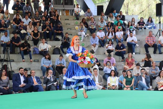 Mujer con traje regional sobre el escenario