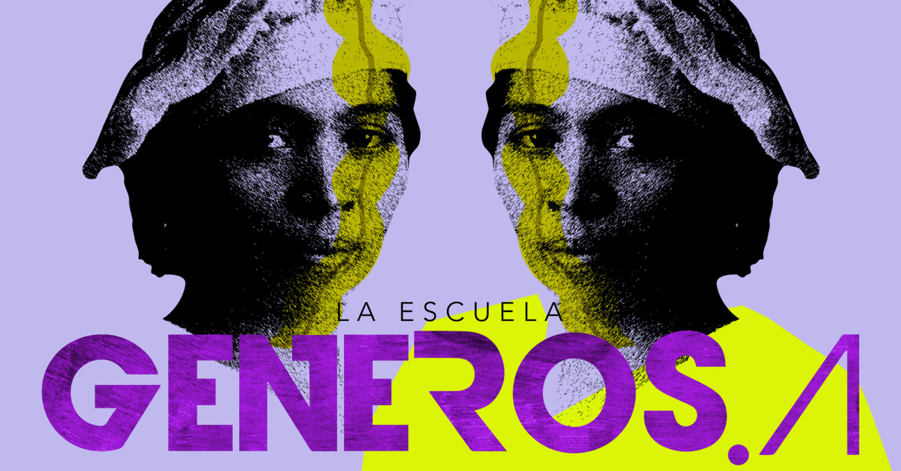 El rostro de Prudencia Ayala duplicado y el texto La Escuela Generos.A en color violeta